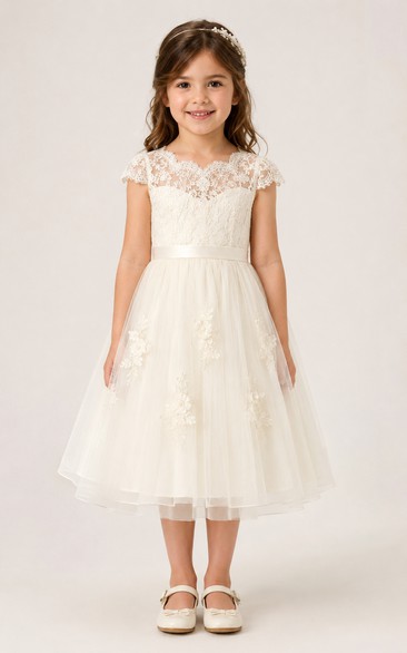 Baby Christening Gown Modest A-Line Cap Sleeve Tulle Lace Tea-Length with Bow Sash in Ivory