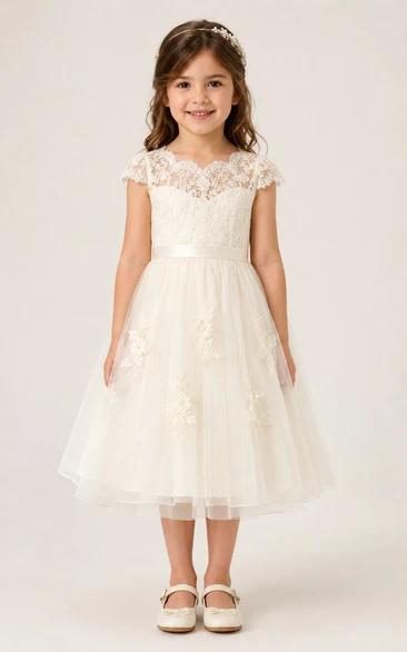 Baby Christening Gown Modest A-Line Cap Sleeve Tulle Lace Tea-Length with Bow Sash in Ivory