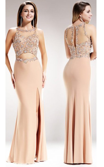Sheath Long Jewel-Neck Sleeveless Jersey Illusion Dress With Beading And Split Front