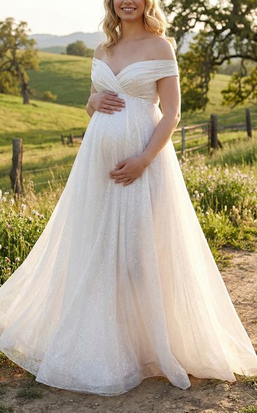 Off Shoulder Glitter Tulle Maternity Wedding Dress with A-Line Skirt