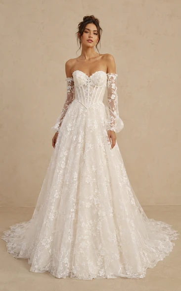 Princess Ball Gown Wedding Dress Off Shoulder Long Sleeve Sweetheart Tulle Lace Applique Corset Back Floor Length Chapel Train Ivory