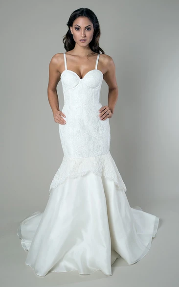 Trumpet Peplum Sleeveless Spaghetti Long Lace&Satin Wedding Dress
