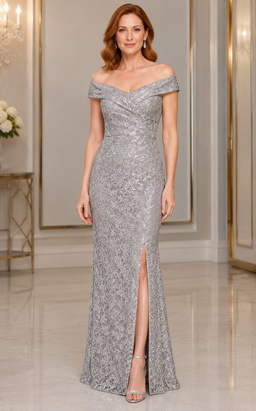 Silver Off Shoulder Sequin Sheath Mother Dress Front Slit for Mother and Formal Events