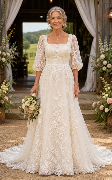 Square Neck Lace A-Line Older Brides Wedding Dress with Puff Sleeves