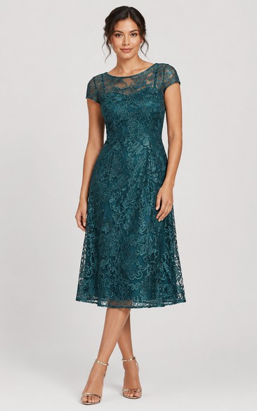 A-Line Knee-Length Bateau Short Sleeve Lace Wedding Guest Dress with Lace