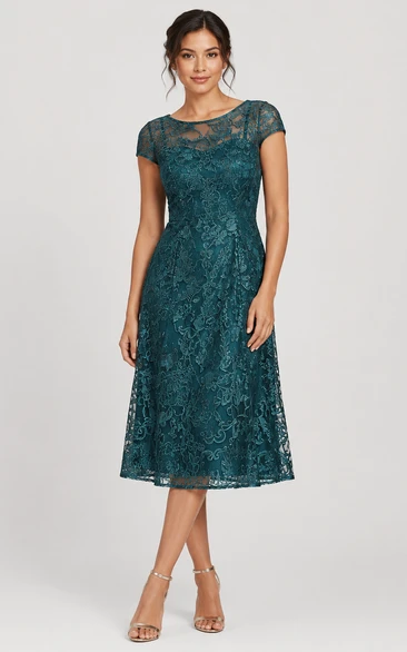 A-Line Knee-Length Bateau Short Sleeve Lace Wedding Guest Dress with Lace