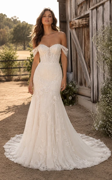 Off-the-Shoulder Mermaid Lace Country Wedding Dress with Chapel Train