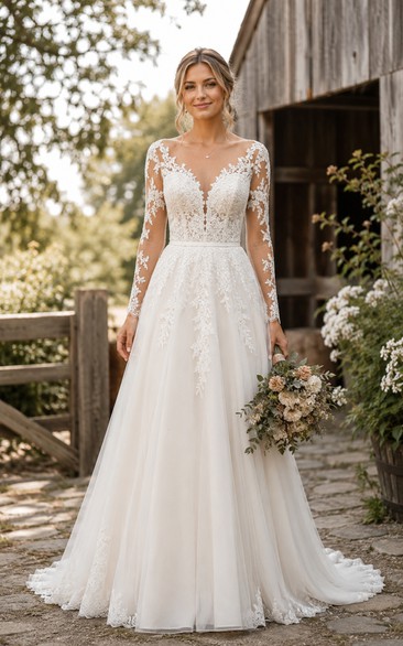 Long Sleeve V-Neck A-Line Lace Country Wedding Dress with Chapel Train