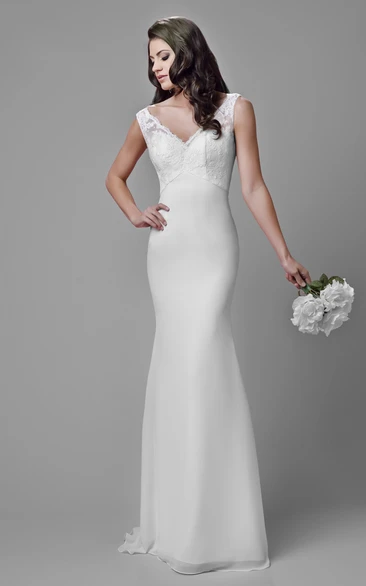 V-Neck Sleeveless Sheath Chiffon Gown With Lace Bodice