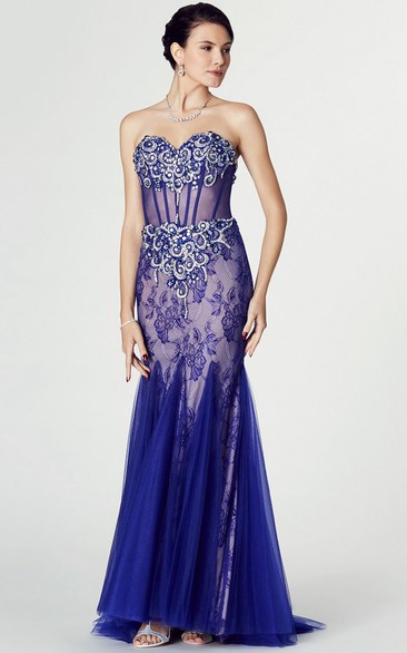 Mermaid Maxi Appliqued Sweetheart Sleeveless Tulle Prom Dress