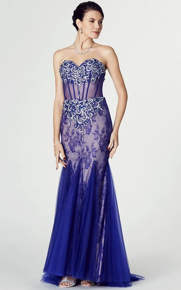 Mermaid Maxi Appliqued Sweetheart Sleeveless Tulle Prom Dress