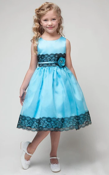 Tea-Length Appliqued Floral Lace&Satin Flower Girl Dress With Sash