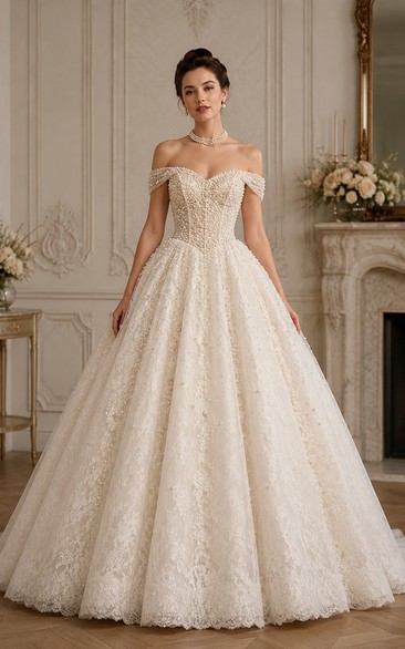 Off-the-Shoulder Lace Ball Gown Vintage Wedding Dress