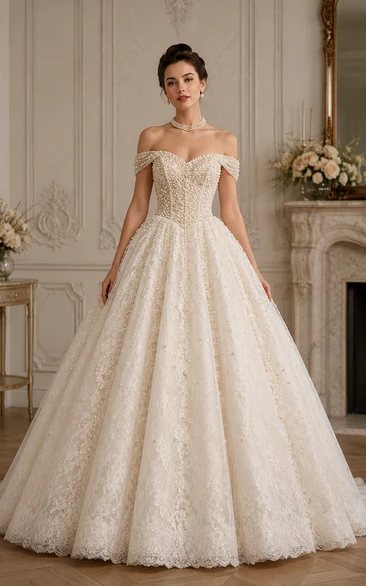 Off-the-Shoulder Lace Ball Gown Vintage Wedding Dress