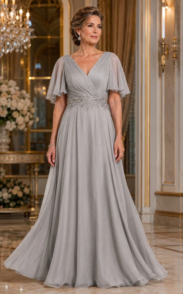 Silver A-Line Chiffon V-Neck Mother of the Bride Dress with Flutter Sleeves