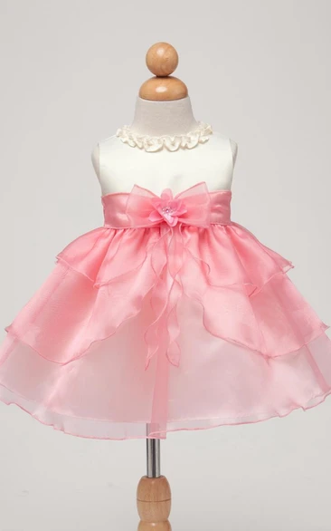 Tea-Length Sleeveless Bowed Organza&Satin Flower Girl Dress