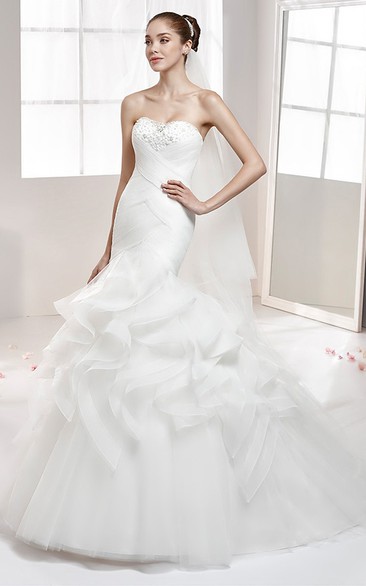 Strapless Ruffled Mermaid Wedding Gown with Beaded Bust and Crisscross Waist