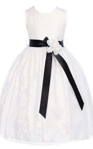 Sleeveless A-line Lace First Communion Dress With Flower and Bow