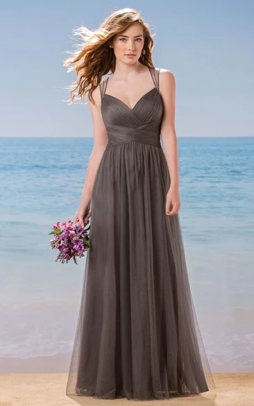 Sleeveless A-Line Tulle Gown With Crystals And Keyhole Back