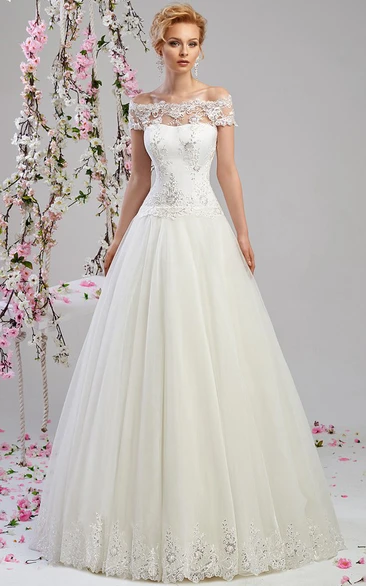 A-Line Maxi Off-The-Shoulder Appliqued Tulle&Satin Wedding Dress
