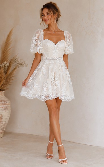 Boho Short Lace Wedding Dress with Puff Sleeves, Sweetheart Neckline & Scalloped Bridal Mini Skirt