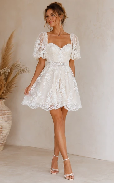 Boho Short Lace Wedding Dress with Puff Sleeves, Sweetheart Neckline & Scalloped Bridal Mini Skirt