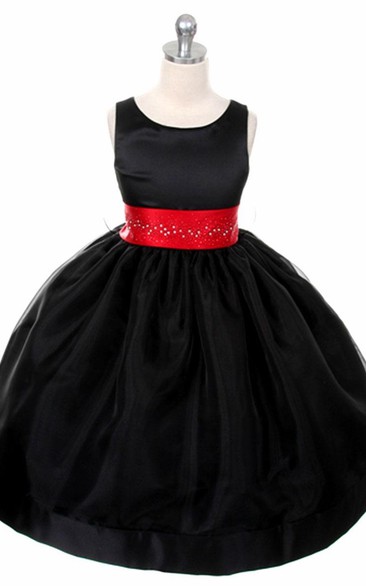 Tea-Length Beaded Sleeveless Organza&Satin Flower Girl Dress