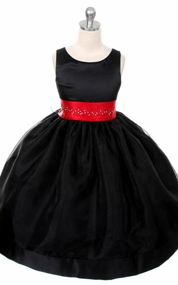 Tea-Length Beaded Sleeveless Organza&Satin Flower Girl Dress