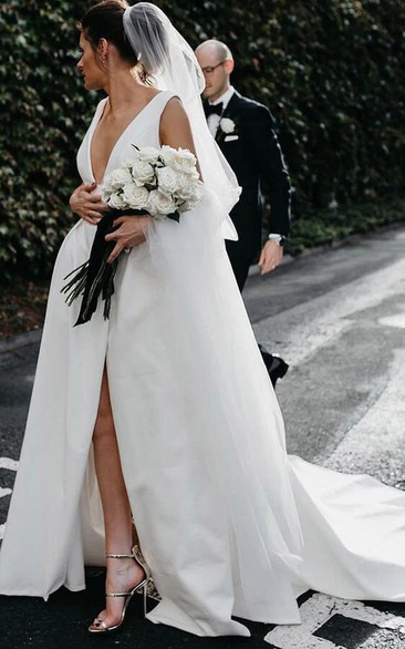 Simple V-neck Elegant Sleeveless Front Split Satin A-line Wedding Dress