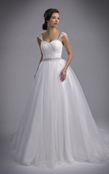 Tulle A-Line Wedding Dress With Ruched Crisscross Bodice And Beaded Shoulders