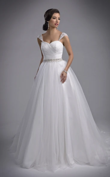 Tulle A-Line Wedding Dress With Ruched Crisscross Bodice And Beaded Shoulders