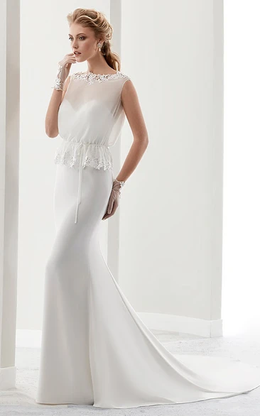 Cap Sleeve Illusion Sheath Gown With Wire Waist And Keyhole Back