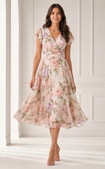 Chiffon Vintage Cocktail Dress in Blushing Pink, V-neck A-Line Tea-Length Gown with Floral Print and Ruffles