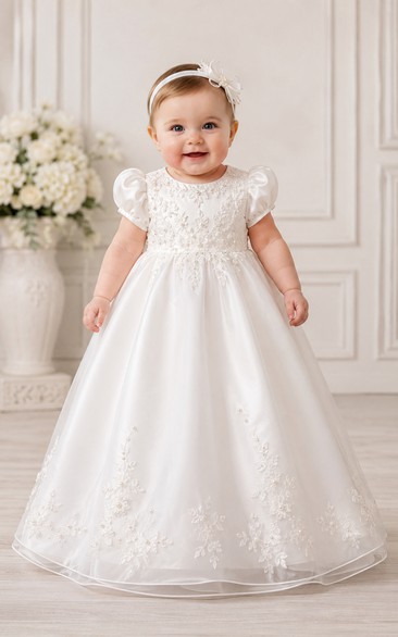 Baby Christening Gown Modest A-Line Cap Sleeve Tulle Lace Floor-Length with Bow Sash in White