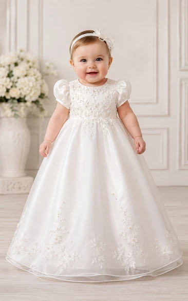 Baby Christening Gown Modest A-Line Cap Sleeve Tulle Lace Floor-Length with Bow Sash in White