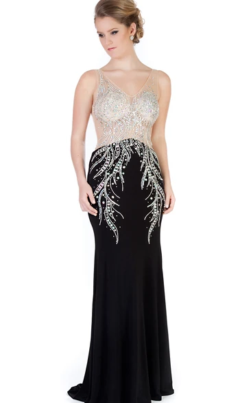 Sheath Beaded V-Neck Sleeveless Long Jersey Evening Dress