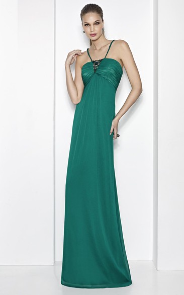 Sheath Ruched Spaghetti Sleeveless Empire Chiffon Prom Dress With Beading