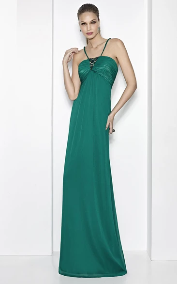 Sheath Ruched Spaghetti Sleeveless Empire Chiffon Prom Dress With Beading