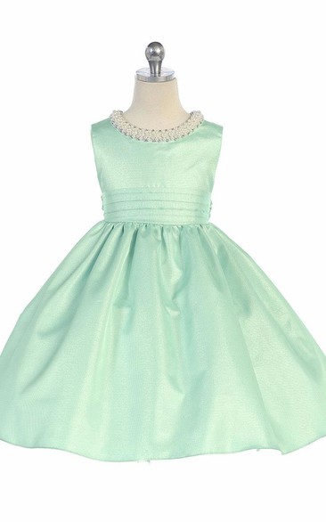 Tea-Length Pleated Sleeveless Flower Girl Dress