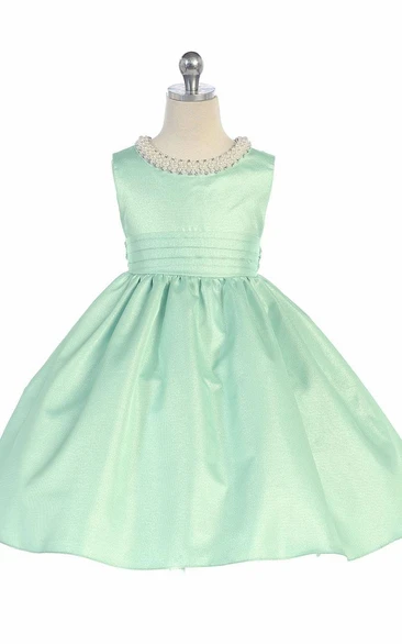 Tea-Length Pleated Sleeveless Flower Girl Dress