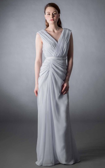 V-Neck Sleeveless Ruched Chiffon Bridesmaid Dress