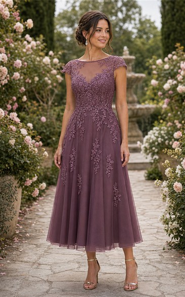 Mauve A-Line Tulle Lace Cap Sleeve Tea-Length Dress