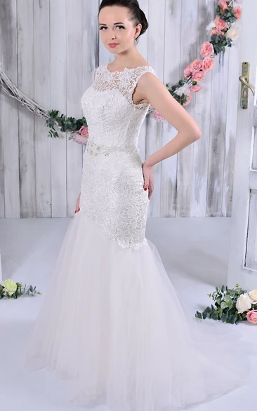 Mermaid Scoop-Neck Maxi Sleeveless Jeweled Tulle&Lace Wedding Dress