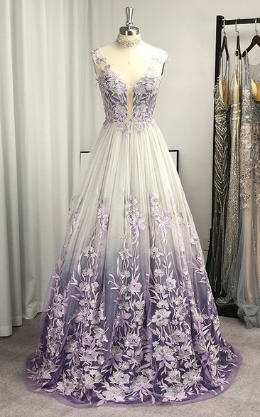 Purple V-neck Sleeveless A-line Floral Empire Prom Dress with Applique