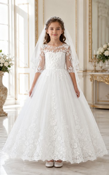 Half Sleeve Lace White First Communion Ball Gown with Veil