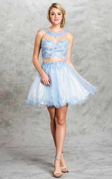 Two-Piece A-Line Short Scoop-Neck Sleeveless Tulle Illusion Dress With Appliques And Ruffles