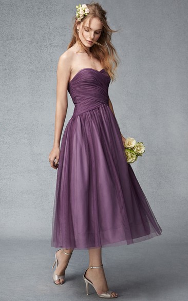 Tea-Length Criss-Cross Sweetheart Sleeveless Tulle Bridesmaid Dress
