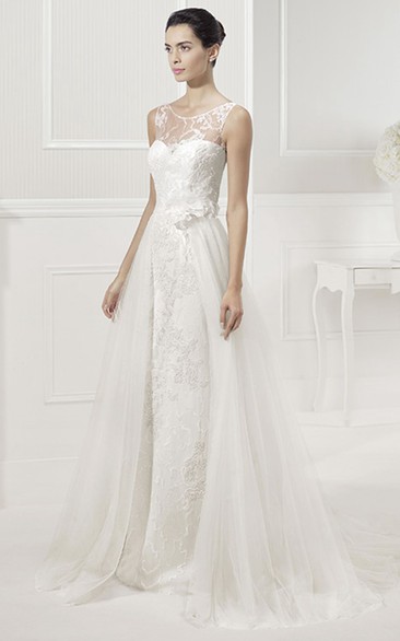 Jewel Neckline A-Line Tulle Bridal Gown With Lace And V Back
