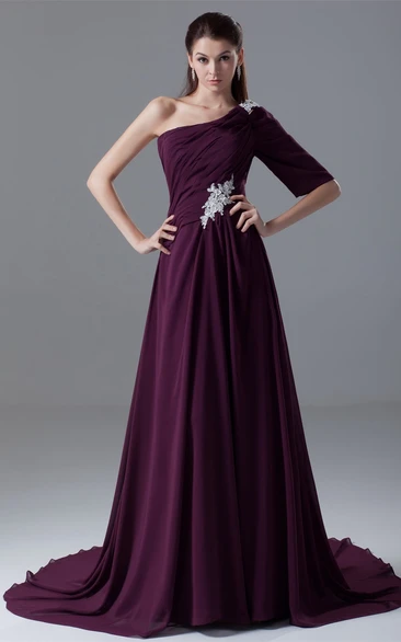 One-Shoulder Floor-Length Chiffon Brush Train and Dress With Lace