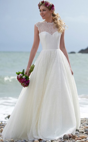 High Neck Floor-Length Lace Simple Wedding Dress With Illusion